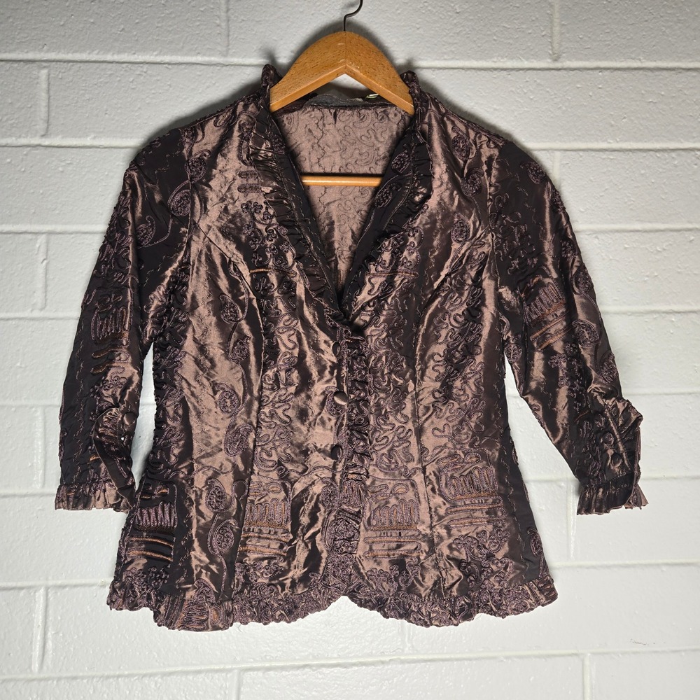 Vtg Agora Womens Blazer Jacket Brown Ren Faire Steam Punk Ruffle Victorian M